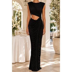 Kasia Cutout Ruched Bodycon Maxi Dress Black Avant Garde Evening Gown Large